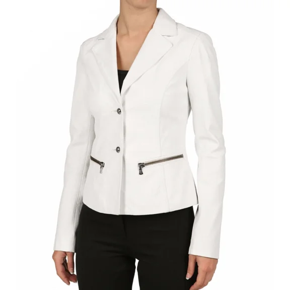 White Classic Real Genuine Lambskin Leather Party Stylish Button Women Blazer