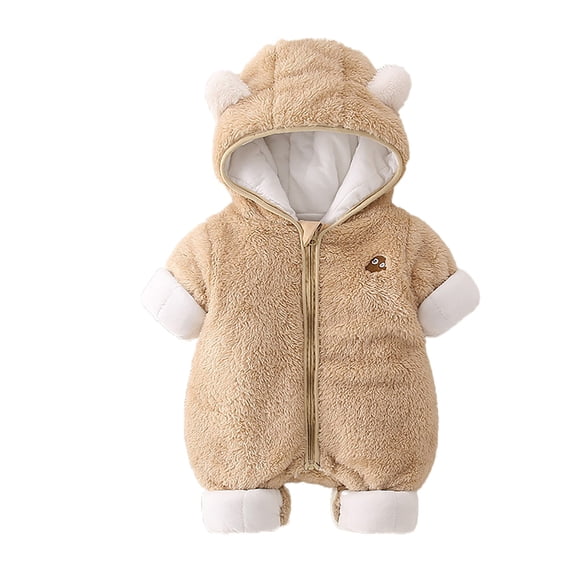 AWZXDE Girls Outdoor Play Rompers Bear Ear Hooded Padded Zip Up Winter Jumps Cute Embroidered Warm Outerwear Coffee - 12-18 Months
