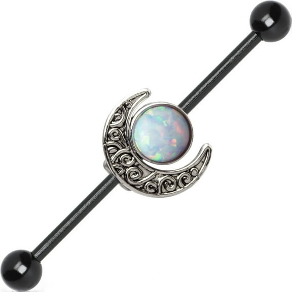 Industrial Barbell Opal and Moon Charms 14ga Cartilage 316L Steel   Extra Bar