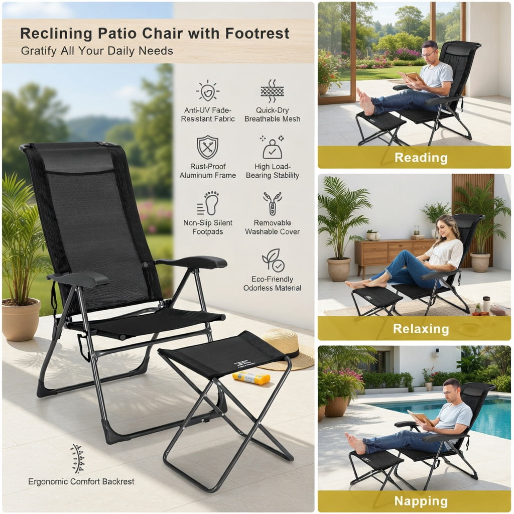 Hommoo 4-Piece Adjustable Reclining Patio Chair & Ottoman Set, Folding Outdoor Dining Chairs with 7-Position Backrest, Steel Frame, Breathable Mesh, for Backyard, Garden, Poolside, Black