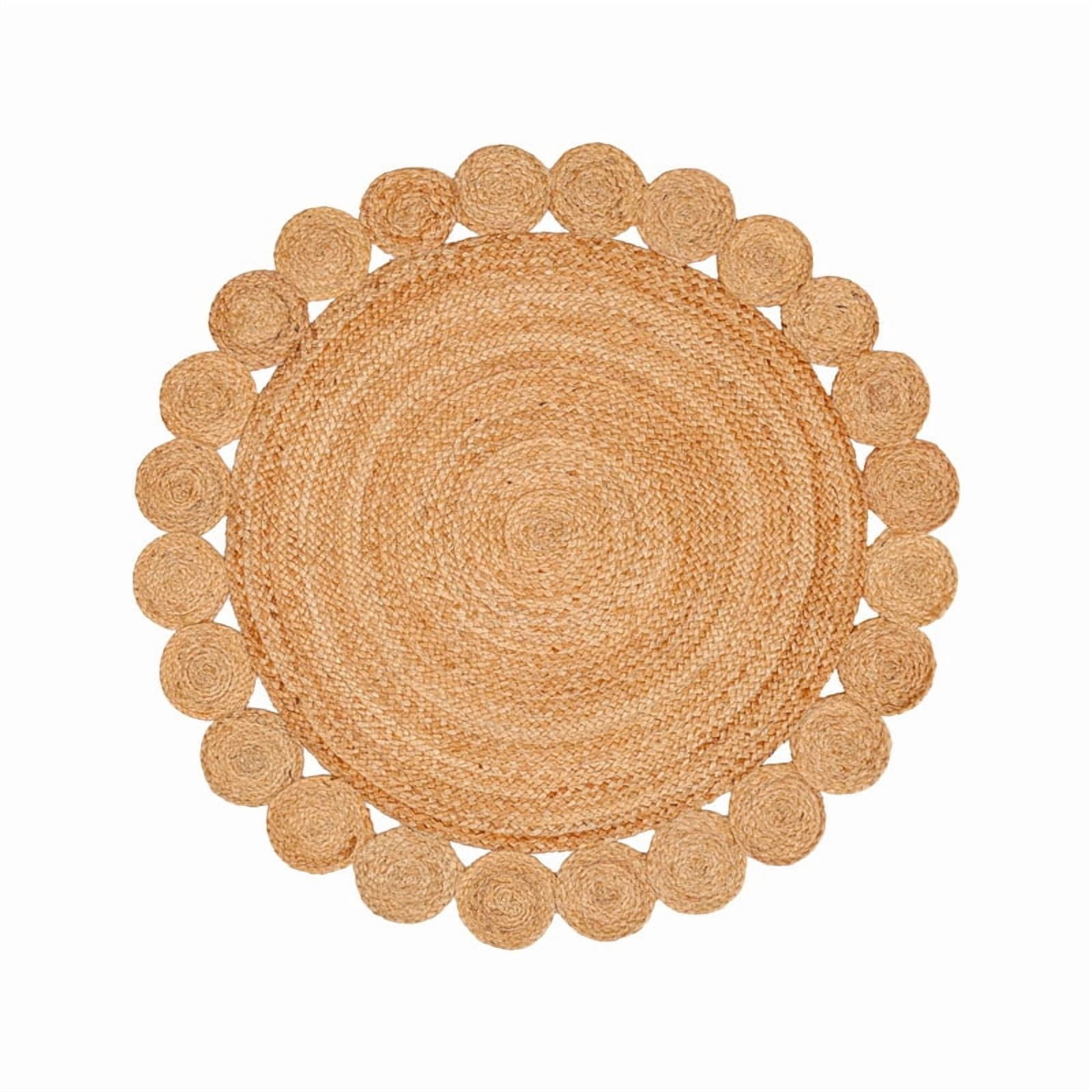 Boho Farmhouse Jute Circle Rug, Reversible Rustic Coastal Area Mat Natural Beige Scalloped, 2 FT