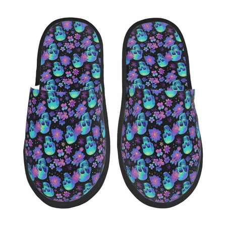 Balery purple flower blue Skull Slient Indoor Furry Fleece Comfort House Shoes Soft Non-Slip Home Shoes Cotton slippers House Slippers-- Large