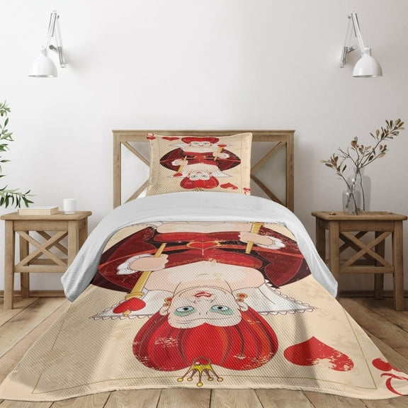 Ambesonne Cartoon Quilted Coverlet 2 Pcs, Queen Cards, Twin Size, Red Brown Ecru