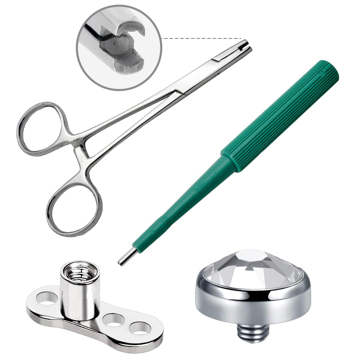 Satix 4PCS Dermal Piercing Kit, 14G Dermal Tops 4mm CZ, Dermal Base 2mm Raise, Dermal Punch 2mm, Micro Dermal Anchor Tube Insertion Hemostat Forceps 6" for Surface Skin Piercing Jewelry