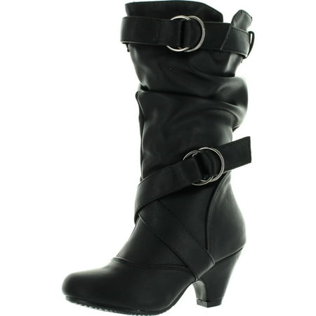 

Pauline-39K JR Girls Slouch Buckle High Heel Mid Calf Boots Black/Blk PU 3