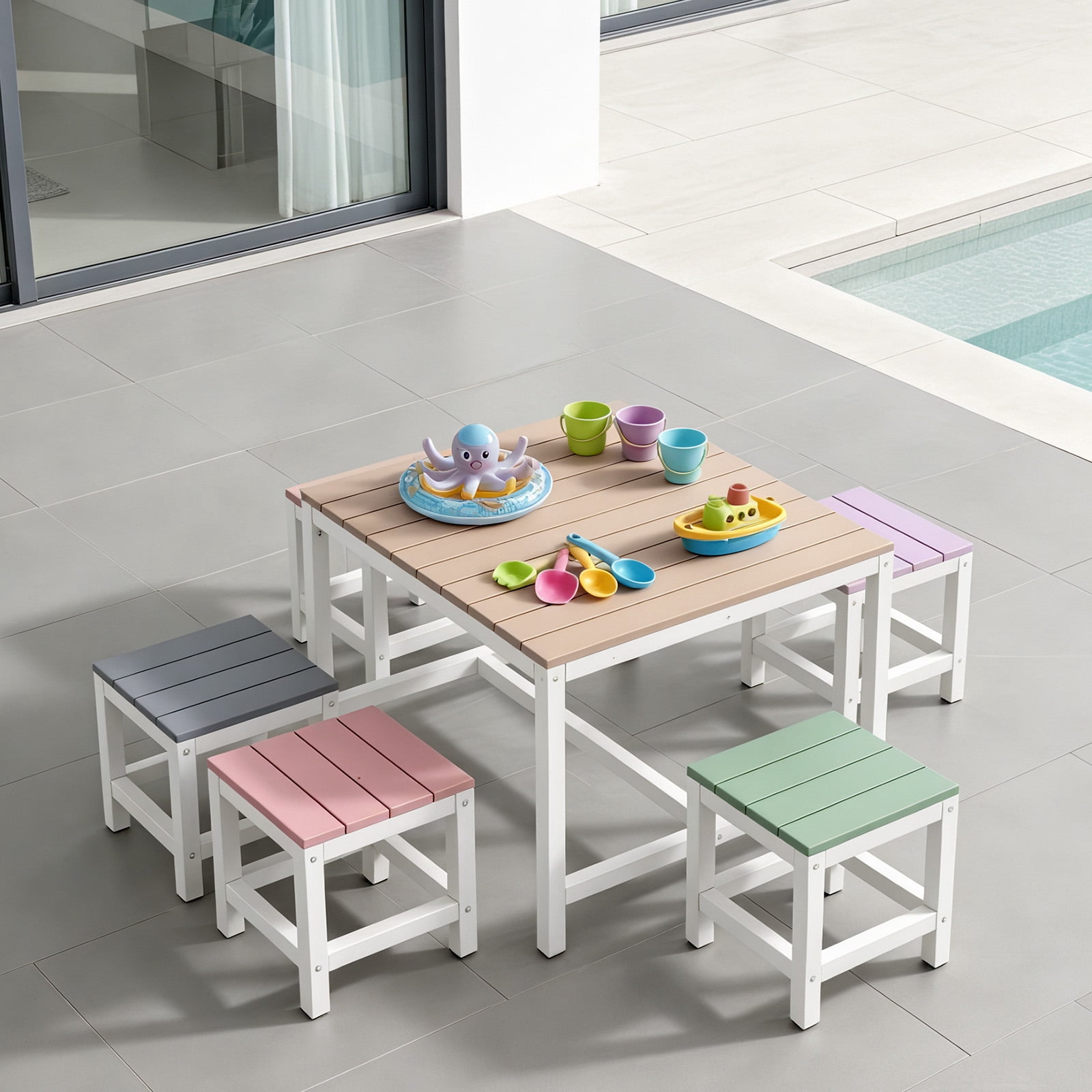 5-Piece Children'S Patio Table And Chair Set (1 Table + 4 Stools), 29.5in
