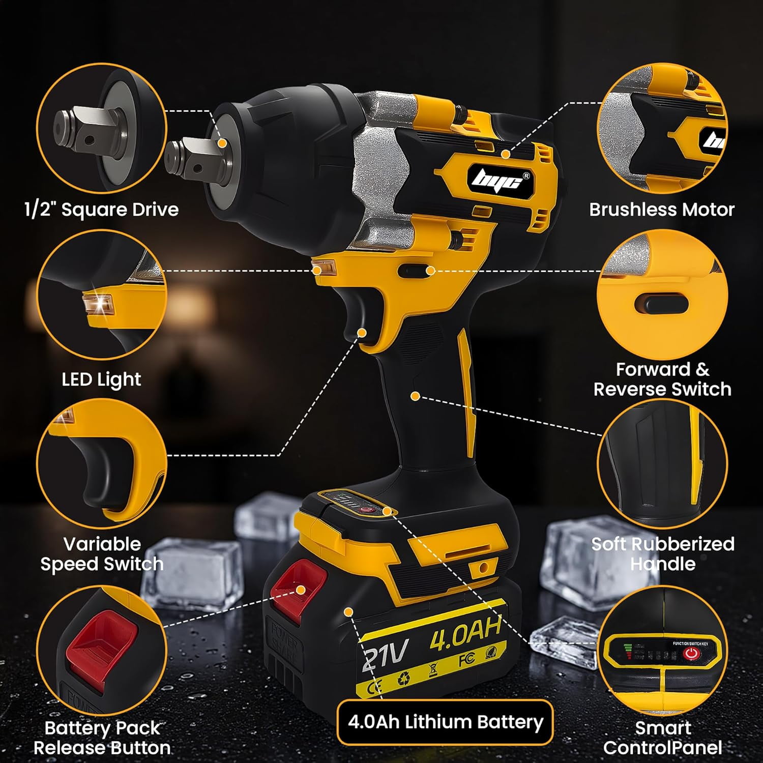 Cordless 1/2 Inch Impact Wrench, 1000 N.m (740 Ft-lbs) Brushless High Torque Electric Impact Gun, 3300RPM Power Impact Driver, 2x 4.0AH Li-ion Battery, Charger & 6Pcs Sockets for Car Home  Furniture