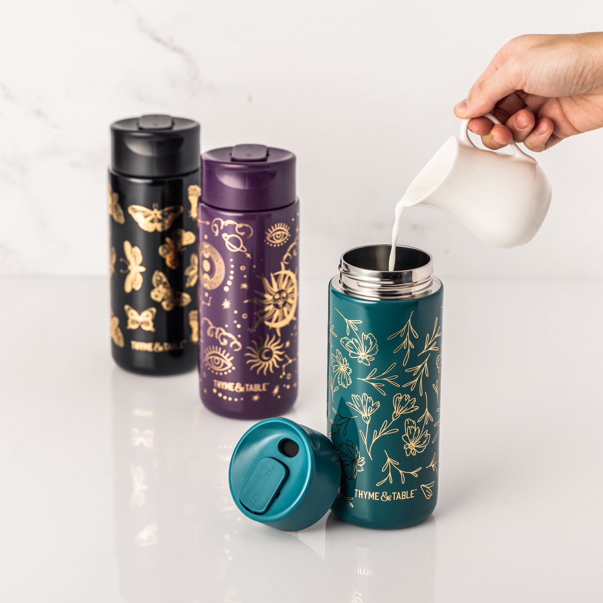 Thyme & Table 22 fl oz Stainless Steel Coffee Tumbler, Black & Gold Butterfly