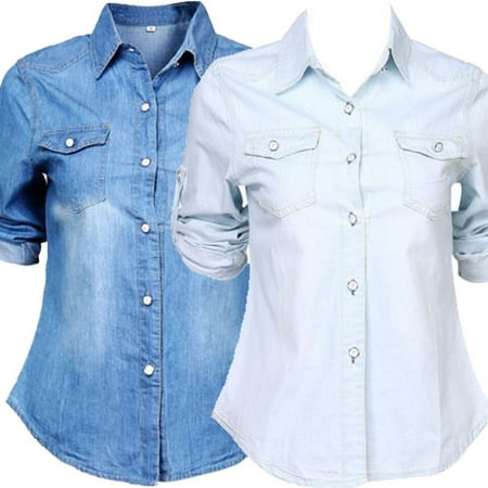 The Noble Collection Retro Women Casual Blue Jean Soft Denim Long Sleeve Shirt Tops Blouse