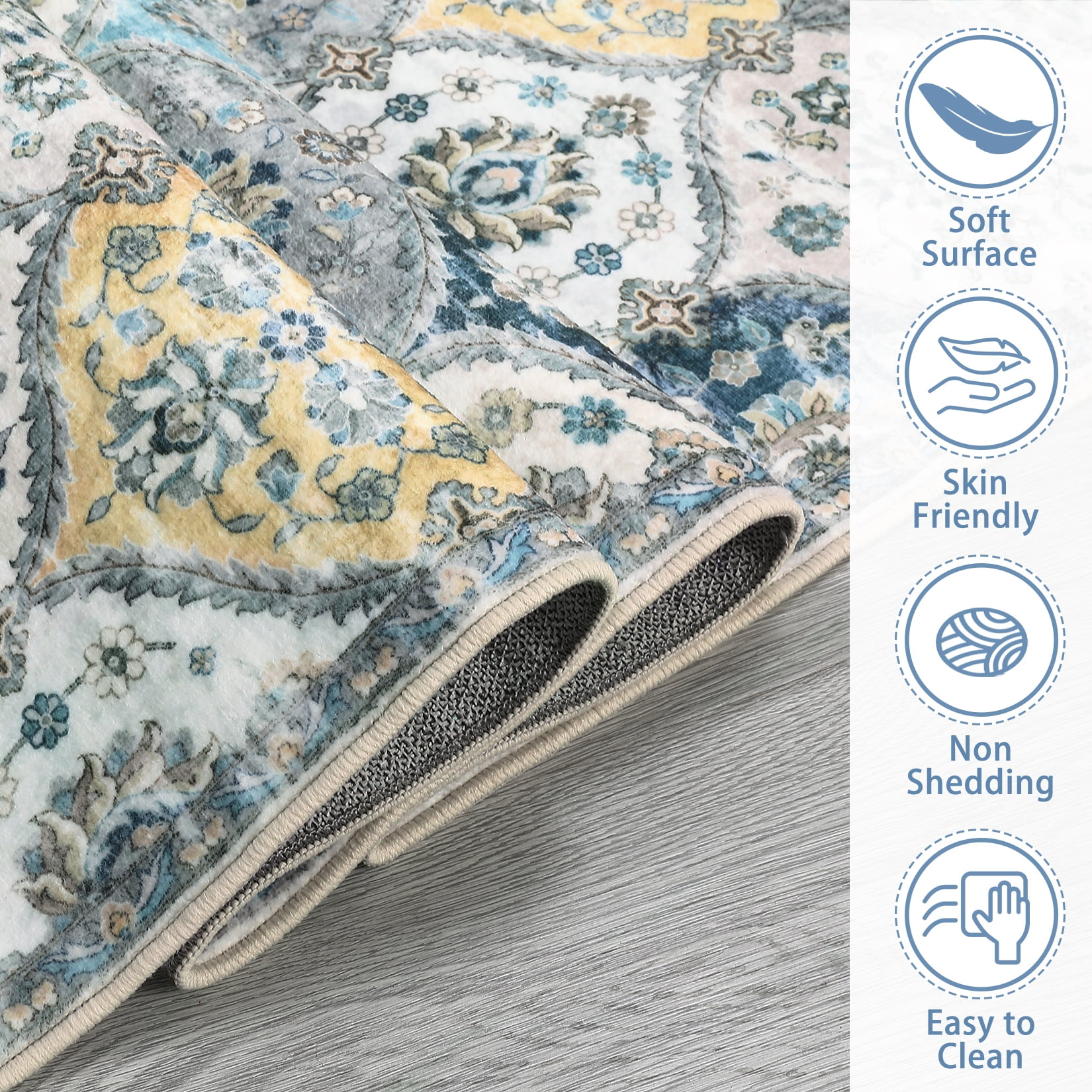 Hasoo Traditional Indoor Living Room Bedroom 8' x 10' Area Rug Non-Slip Machine Washable Carpet, Blue/Yellow