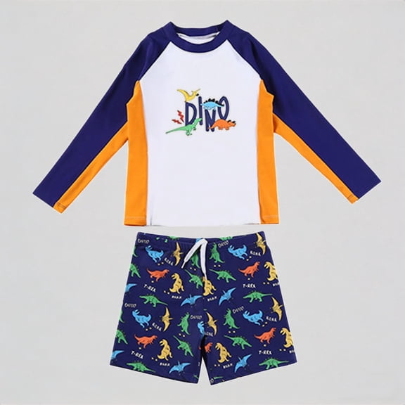 REDARER Boys 2-Piece Long Sleeve Swim Set – Colorful Dinosaur Print Rash Guard & Trunks,UPF Protection, Comfortable Fit for Summer Beach Pool,9-10 Years