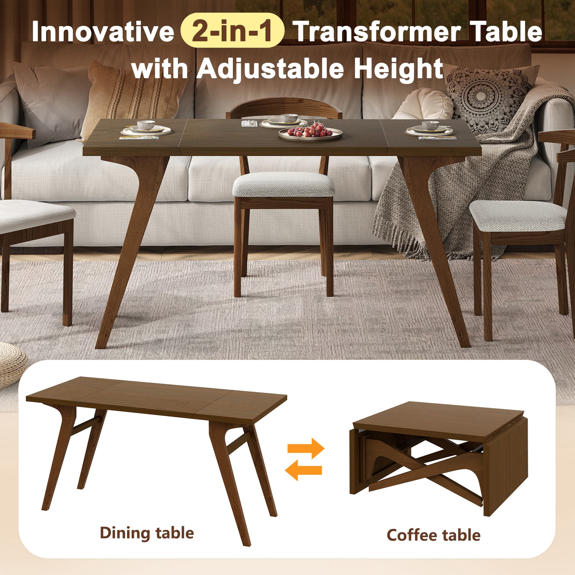 Aukfa 59.5" Rectangle Lift Top Expandable Dining Table,2-in-1 Convertible Solid Wood Dining Table,Walnut