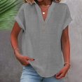 thumbnail image 2 of Cotton Linen Shirts for women Summer Tops Short Sleeve Button Lapel V Neck T-Shirts Casual Tunic Top Loose Comfy Loose Solid Work Plain Blouse Tees, 2 of 4