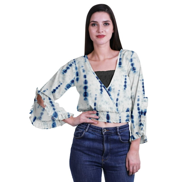 Moomaya Haut Court Imprimé pour Femmes Style Enveloppant Manches Longues à Volants Blouse d'Été Décontractée