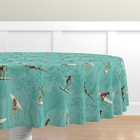 

Cotton Sateen Tablecloth 90 Round - Mid Century Modern Tiki Hawaiian Village Beach Surf Sea Vintage Hawaii Weed Tropical Surfing Seaweed Print Custom Table Linens by Spoonflower