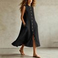 thumbnail image 2 of Women Solid Sleeveless Pleated Midi Dress, Front Button Split Flowy Long Dress, Summer Casual Vacation Sundress Black XXL(XXL), 2 of 6