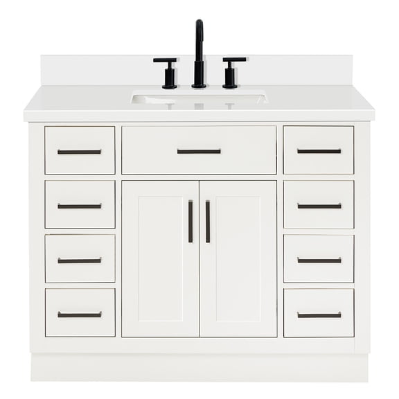 DKB Isabella 42-Inch White Single Bathroom Vanity with Sink, 1.5" Edge Pure White Quartz Countertop, Rectangular Undermount Sink, 2 Soft Closing Doors, 9 Dovetail Drawers, Toe Kick