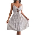 thumbnail image 1 of Vestido de Verano de las Mujeres Fragmentado Flor Arco V Cuello Madera Oído Grande Doblado Colgando Correa Vestido, 1 of 6