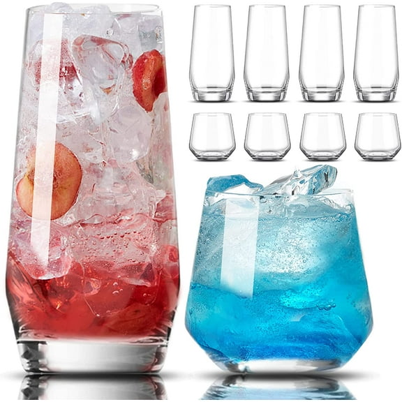 Drinking Glasses Set of 8-4 Tall Glass Cups 18 oz & 4 Short Stemless Wine Glasses 13 oz, Highball Glasses, Glassware Sets for Cocktail, Beer, Wine, Whiskey, Water & Juice Drinkware