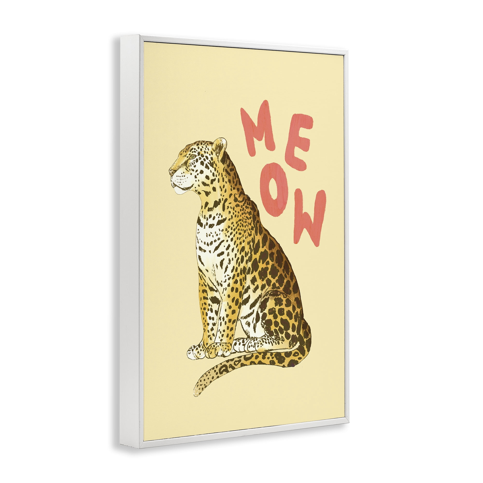 Stupell Industries Meow Leopard on Yellow White Framed Giclee Art, design by Florentina Dolci
