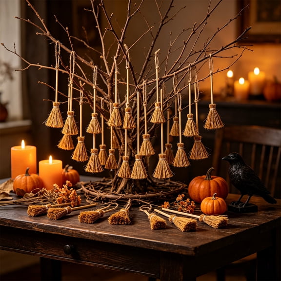 20PCS Mini Witch Brooms Ornaments Halloween Hanging Decorations Straw Witch Brooms With Red Rope For Party Costumes Dollhouses Fairys Garden