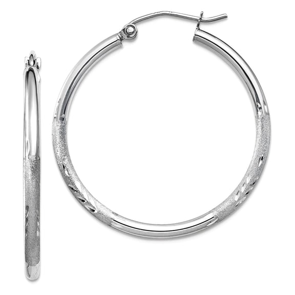 14k White Gold Satin and Sparkle-Cut 2mm Round Hoop Earrings 30x30mm Wide 2mm Thick Hoop Earring for Women
