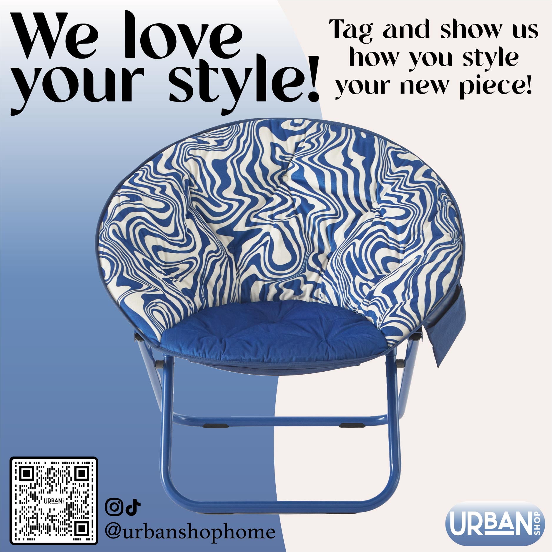 Urban Shop Printed Round Saucer Chair, Blue Swirly Print