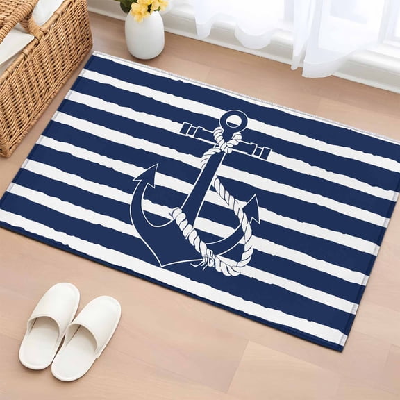 Navy Blue Anchor Nautical Bathroom Rug Washable 2x3 Entryway Rug Non Slip Navy Blue Striped Farmhouse Front Door Mat Low Pile Indoor Doormat Throw Floor Carpet for Kitchen Bedroom Entrance