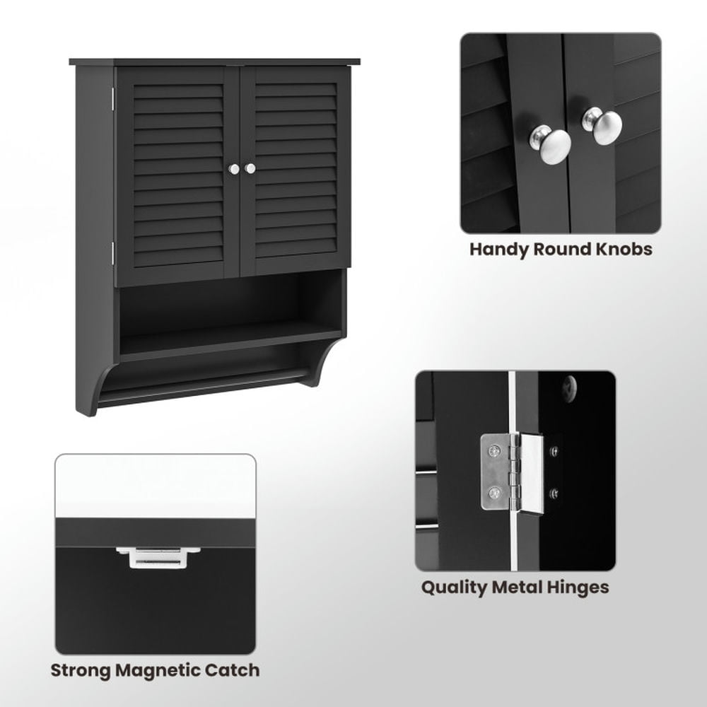 Finihen Wall Cabinet, Wall Mounted Bathroom Cabinet, Medicine Cabinet, 2-Doors Bathroom Wall-Mounted Medicine Cabinet with Towel Bar, for Kitchen Entryway Bathroom, Black