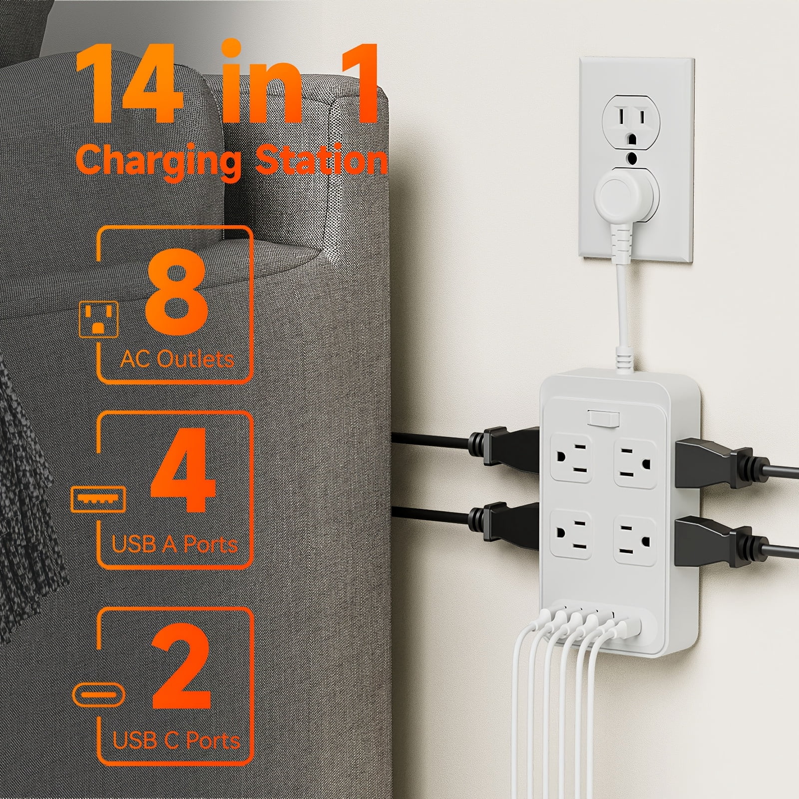Outlet Extender with Surge Protector, 8 AC Outlets & 6 USB Ports (4A+2C), Short 3-Inch Cord, Compact Charging Station for Home Office Travel