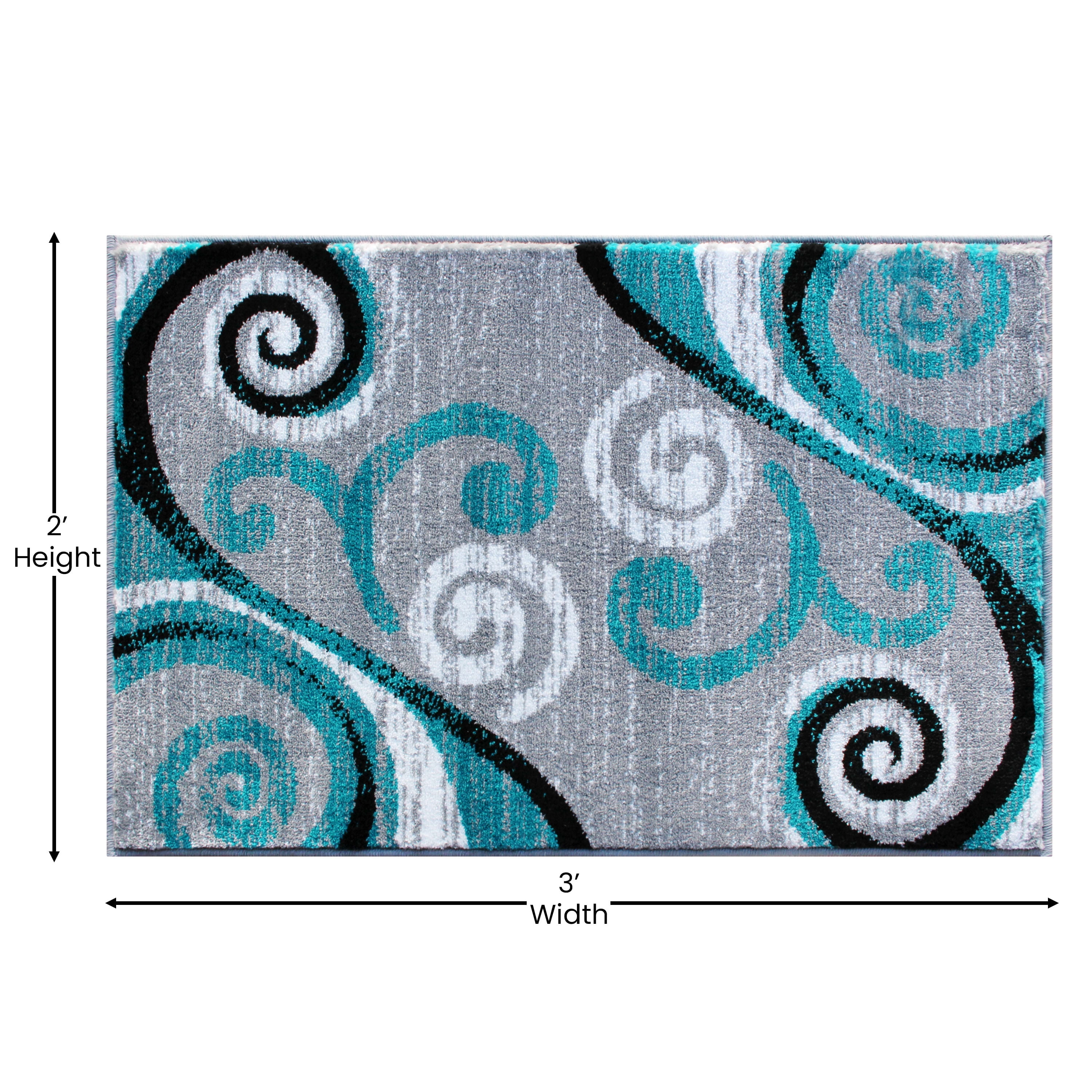 Emma + Oliver 2x3 Scraped Look Ultra Soft Plush Pile Olefin Accent Rug in Turquoise, Gray, Black and White Swirl Pattern, Jute Backing