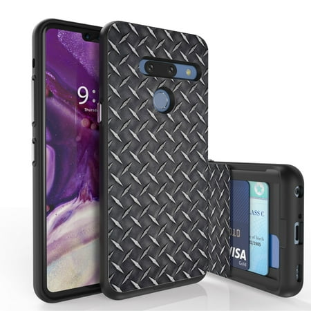 LG G8 ThinQ Case, PimpCase Slim Wallet Case + Dual Layer Card Holder Designed For LG G8 ThinQ (Released 2019) Printed Black Diamond Plate