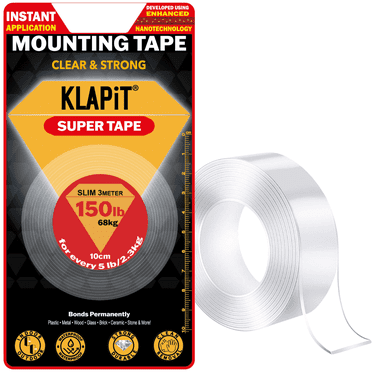 KLAPiT Super Tape Clear Heavy Duty Double Sided Nano 118" Holds 150 lb Indoor Outdoor Waterproof