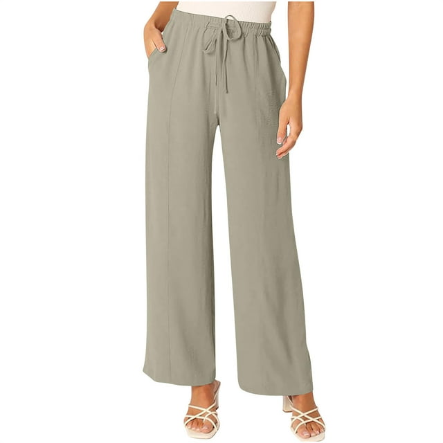 Admvng Womens Pants Summer Solid Color Cotton Linen Drawstring Elastic High Waist Comfortable Flowing Pants with Pockets S-2XL