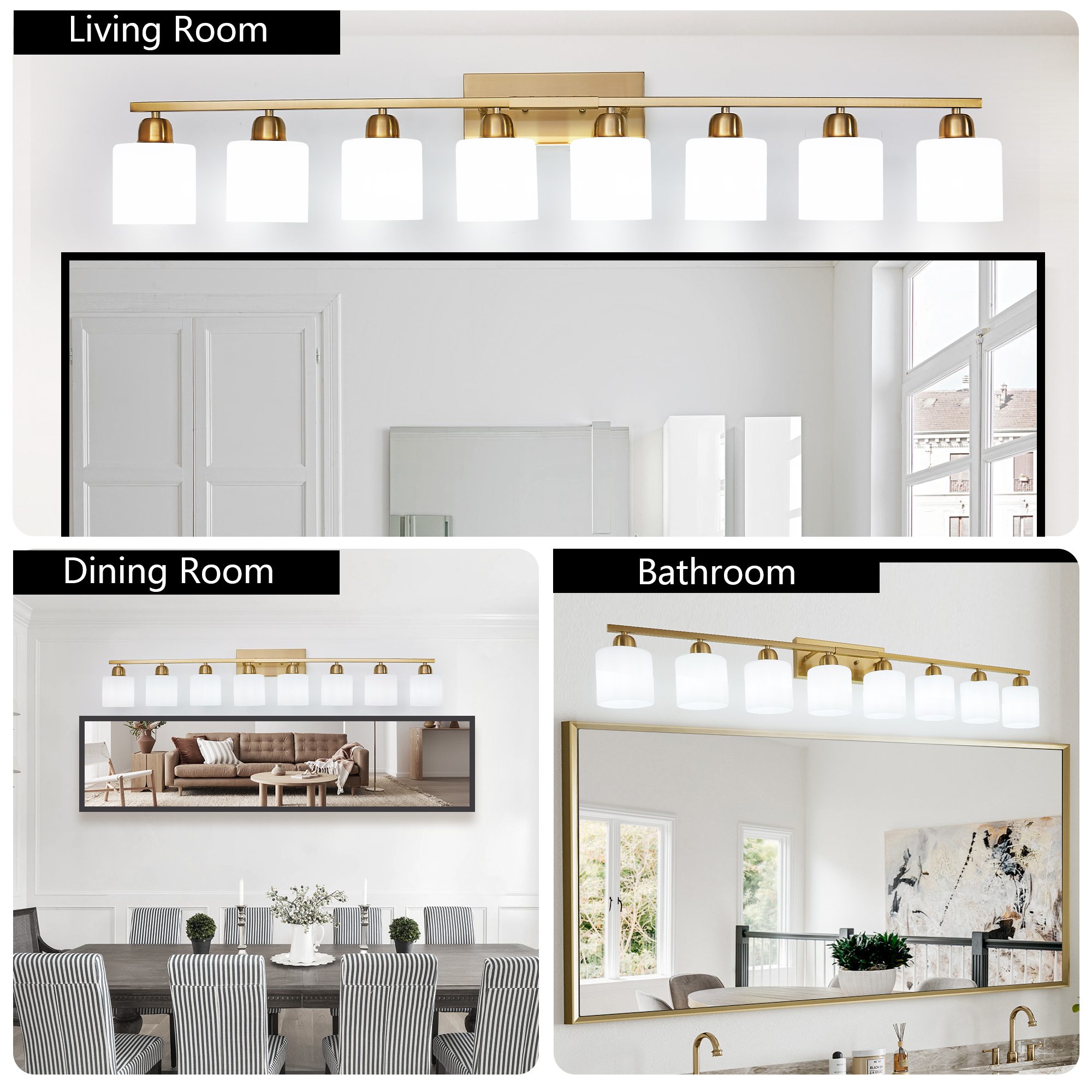 Leumius 8-Light Bathroom Vanity Light Fixture, Modern Vanity Light Over Mirror, Wall Sconces with Milky White Frosted Glass Shades for Mirror, Bathroom, Bedroom and Hallway Gold (No Bulbs)