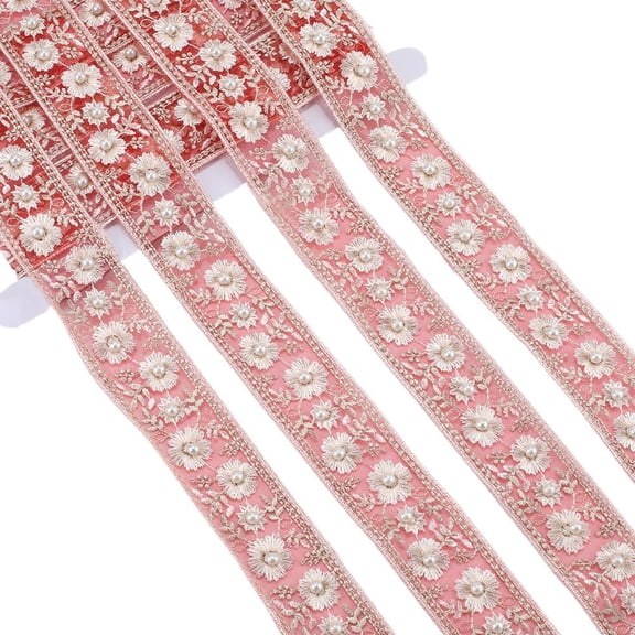 1set 5 Yards Polyester Embroidery Flower Lace Ribbon with Imitation Pearl for Costume Decoration Red 1-3/8 inch(35mm)