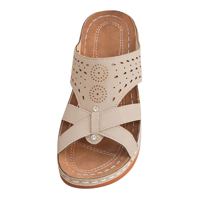 Sandals for Womens Slip on Cross Straps Open Toe Hollow out Rhinestone Arch Support Low Wedge Heels Soft Sole Non Slip Comfortable Breathable Beach Summer Walking Casual Shoes Beige
