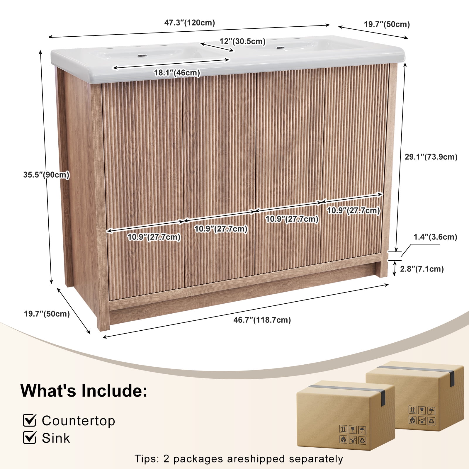 Jarbalai 47" Freestanding Double Sink Bathroom Vanity and Storage Shelves Cabinet, Oak
