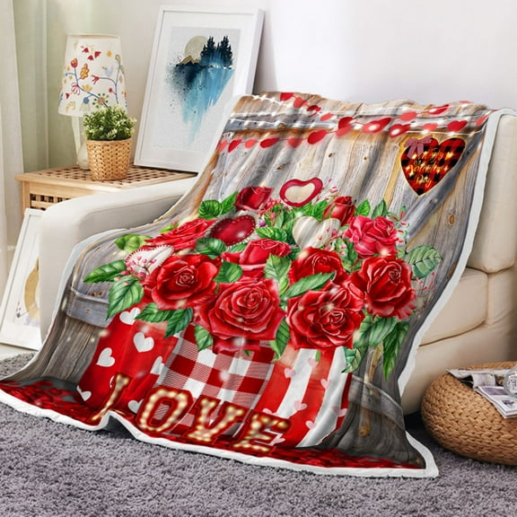 Valentine's Day Blanket Wife Gifts Throw Blanket for Couch, Romantic Red Rose Blanket 50"x60", Valentines Vintage Barn Door Extra Soft Fluffy Warm Blanket for Sofa Bed Living Room Bedroom…