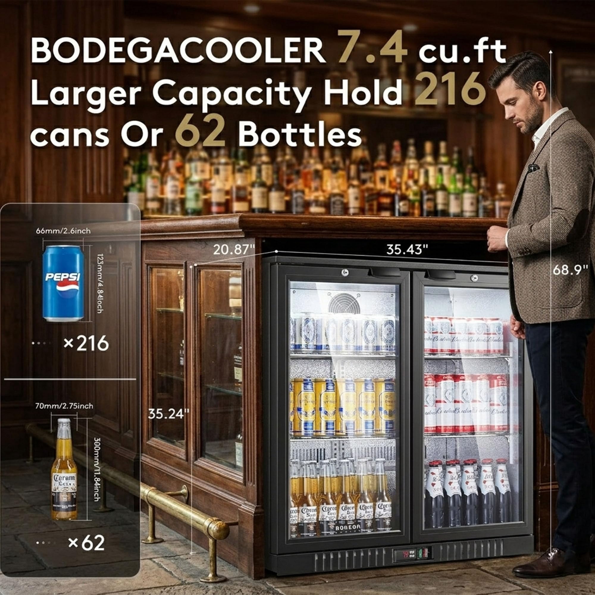 BODEGA 35.4 Inch Under Counter Beverage Refrigerator  2 Door Back Bar Cooler Dual Zone 32–50°F, 7.4 cu.ft Built-in or Freestanding Glass Door Fridge with LED Lighting