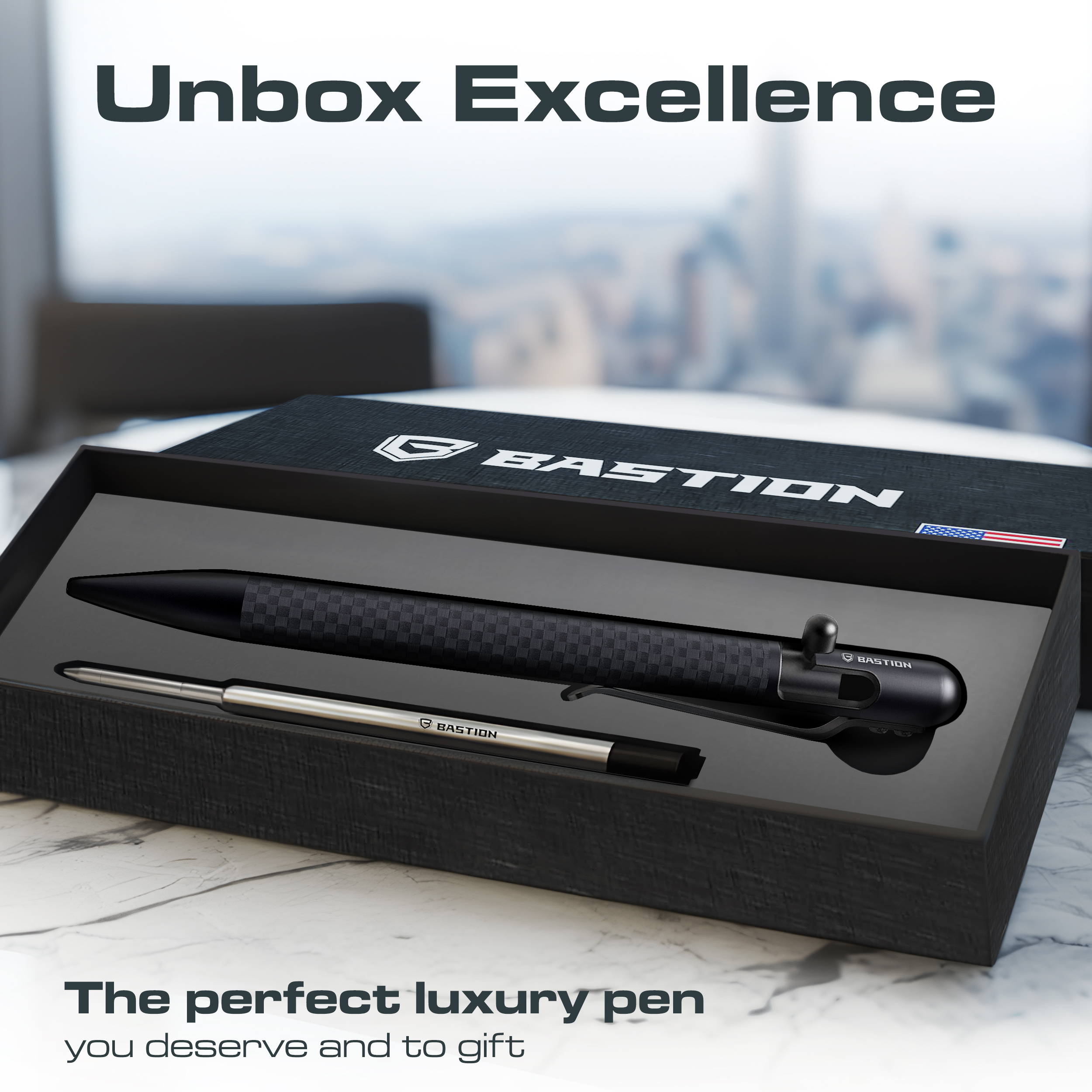 Bastion Carbon Fiber Slim Bolt Action Pen, Black, Ballpoint Refillable, 1 Count
