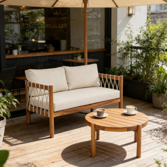 Christopher Knight Home Coastal Haven Outdoor Loveseat and Coffee Table Set Acacia Wood with Beige Cushions