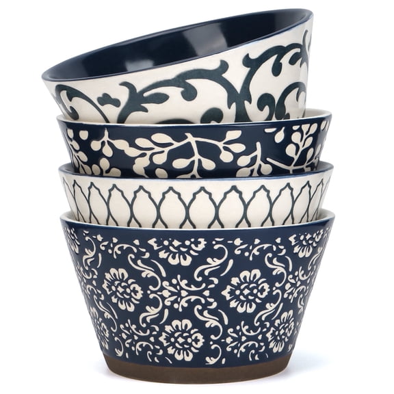 E-Greetshopping Japanese Ceramic Cereal Bowls Set of 4, 5 inch Vintage Blue Soup and Dessert Bowls