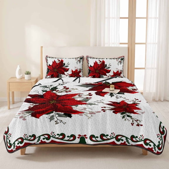 3 Piece Summer Bed Quilt Set King Size,Christmas Poinsettia Flower Lightweight Bedspread Coverlet with 2 Pillowcases Winter Floral Red Border Soft Comforter Bedding Quilts for All Season