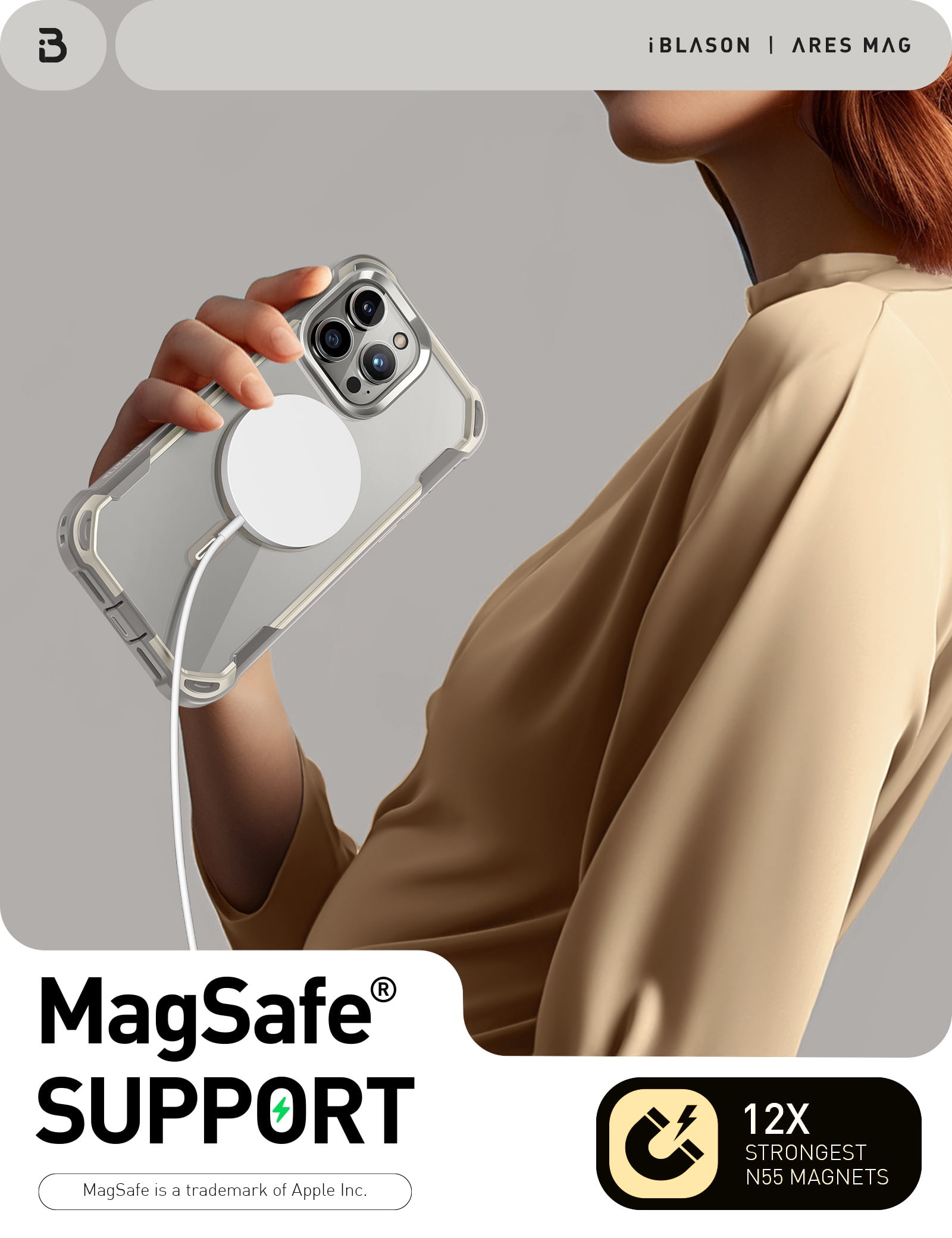i-Blason Ares Mag for iPhone 15 Pro Max Case [6.7 inch] with Screen Protector, [Compatible with MagSafe] Clear Slim Full-Body Shockproof Rugged Bumper Case (Gary)
