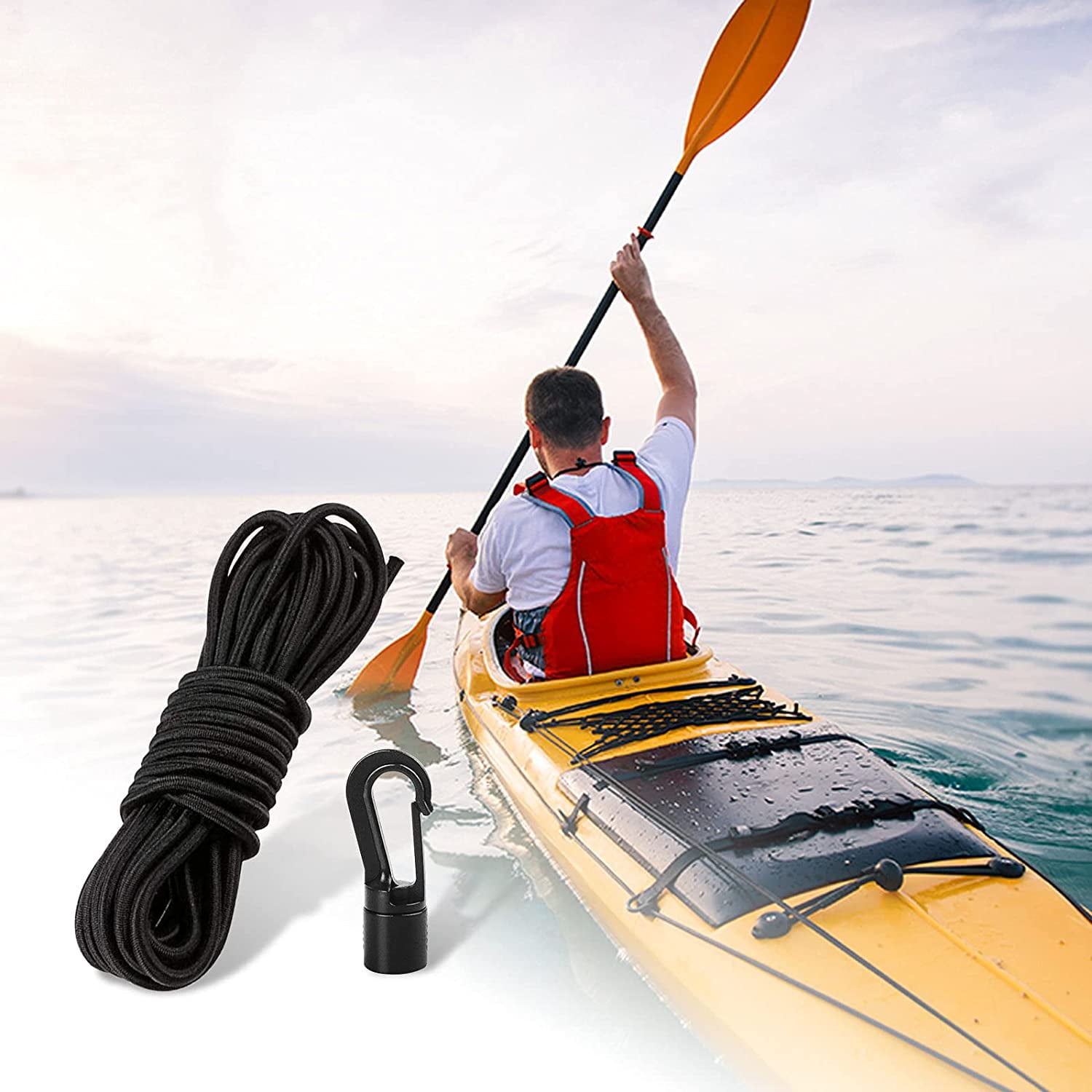 1/4" Elastic Bungee Cord Kayak Stretch String Shock Cords Rope with Bungee Shock Cord Hooks for Kayak Boat Camping Accessories Indoor&Outdoor Activities (20 Hook & 52.50 Ft Cord)