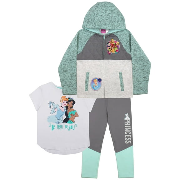 Disney Princess Minnie Mouse 3-Pc Set for Girls, Cinderella, Snow White, Jasmine, and More Zip-Up Hoodie, T-Shirt, Pants Set (Size 5-6)