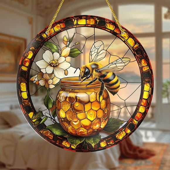 Stained Glass, Bee Themed Decor, Bee Door Knocker, Faux Stained Glass, Bee Themed Acrylic Hanging Ornament - Stained Glass Style Decorations for Home and Garden