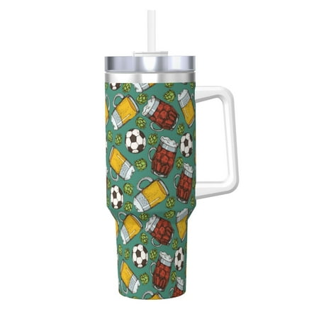 

Uemuo Beer And Soccer Print 40oz Ice Bully With Handle And Straw Stainless Steel Vacuum Insulated Cup And 2 In 1 Straw Lid Insulated Travel Tumbler