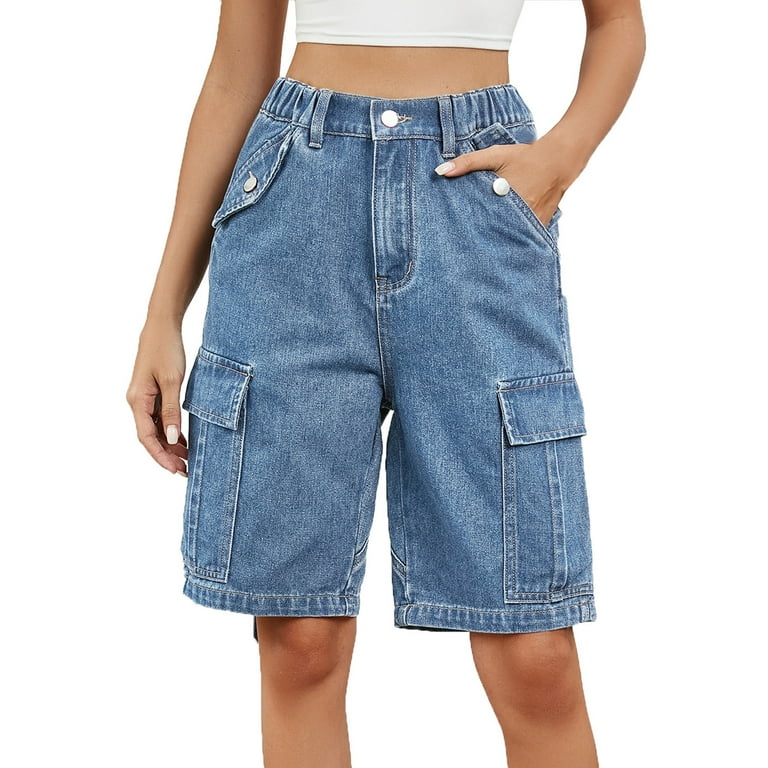 YLSDL Cargo Jeans Shorts for Womens High Waisted Denim Shorts Summer Zip Button Waist Cut Off Washed Casual Shorts with Pockets Blue 4 Walmart